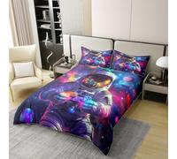 Manfei Astronaut Gamer Duvet Cover Set Double Size 100% Cotton,Reversible Gamepad Video Gaming Kids Bedding Set,Gamer Galaxy Planets Neon Room Decor,Rainbow Quilt Cover,2 Pillowcases(No Filler)