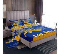 Manfei Basketball Bed Sheet Queen Set,Fashion Sports Ball Game Athlete Yellow Blue Sheet Sets Adults Bedroom,American San Francisco City Silhouette Bedding Set with Flat,Fitted Sheet,2 Pillows