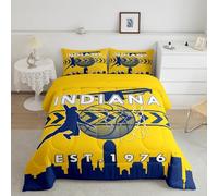 Manfei Basketball Comforter Set King Size 3 Pcs,Fashion Sports Ball Game Athlete Yellow Navy Bedding Set,American Indiana City Silhouette Quilt Set for Adults Bedroom,2 Pillowcases
