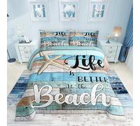 Manfei Beach Life Comforter Set Queen Size, Life is Better at The Beach Bedding Set 3pcs, Rustic Farmhouse Blue Wooden Plank Down Comforter, Kids Teens Adults Room Decor, 2 Pillowcases, No Sheets
