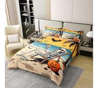 Manfei Beach Skeleton 100% Cotton Duvet Cover Set King Size,Tropical Ocean Theme Bedding Set 3pcs,Halloween Pumpkin Bat Quilt Cover,Kids Boys Girls Room Decor,2 Pillowcases,No Comforter