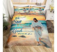 Manfei Bible Verses Duvet Cover Sets Single Size,Ocean Beach Bedding Set 2Pcs for Kids Boys Girls Teens Room Decor,Bible Verses Theme Comforter Cover Inspirational Quotes Quilt Cover,1 Pillowcase