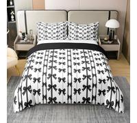Manfei Black Bow 100% Cotton Duvet Cover Set King Size, Cute Bow Stripe Print Bedding Set 3pcs, Kawaii Bowknot Girly Quilt Cover, Kids Girl Princess Room Decor, 2 Pillowcases, No Comforter