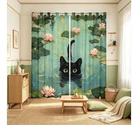 Manfei Black Cat Curtains 42Wx84L,Natural Pond Pink Lotus Flowers Oil Paint Style Windows Drapes Block Light,Cartoon Kawaii Animal Kitten Pet Grommet Window Treatment,2 Panels