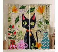 Manfei Black Cute Cat Kids Blackout Curtain,Cartoon Flowers Leaves Animal Boho Window Drapes for Girls Boys,Bohemia Exotic Rustic Farmhouse Brown Window Treatments Grommet Top 2 Panel Set,46Wx54L inch