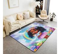 Manfei Black Cute Girl Area Rug American African Style Girl Indoor Floor Mats Entrance Rugs for Kids Boys Girls Room Decor,Princess Theme Non Slip Absorbent Carpets, 4'11" x 3'3" (Rectangular)