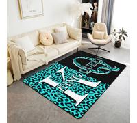 Manfei Black Teal Leopard Print Area Rug 5'x6'6" Queen and King Theme Non Shedding Rug for Women Men Adults Romantic Style Decorative Non Slip Rug for Housewarming RV