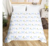 Manfei Blue Bows Duvet Cover Set Single Size, Kawaii Cherry Bedding Set 2pcs, Cartoon Bowknot Comforter Cover, Kids Girls Princess Room Decor, Lightweight Bedspread Cover, 1 Pillowcase, No Comforter