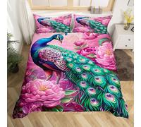 Manfei Blue Green Peacock Duvet Cover Set King Size, Pink Peony Flower Bedding Set for Kids Boy Girls Room Decor, Floral Animal Comforter Cover, Soft Polyester Quilt Cover,2 Pillowcases,No Comforter