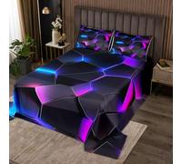 Manfei Blue Pink Grid Bedding Set,Abstract Geometric Patchwork Grid Bedspread for Teens Adults,Neon Light Lines 3D Print Coverlet Set with 2 Pillowcases,Double Size 3 Pcs