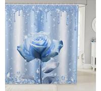 Manfei Blue Rose Shower Curtains Blue Glitter Diamond Waterproof Bath Curtains with 12 Hooks Suits for Bathtub, 3D Blue Rose Flower Bathroom Curtains for Kids Girl Teen Room Decor, 72" W x 72" L