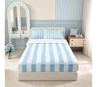 Manfei Blue White Stripes Zipper Comforter Set,Striped Aesthetic Full Bedding Set,Modern Geometric Minimalist 1 Zipper Comforter + 1 Fitted Sheet + 2 Pillowcases,Simple 4Pcs Complete Bedding Set