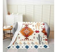 Manfei Bohemian Style Throw Blanket Retro Brown Orange Red Aztec Grid Fleece Blanket for Kids Teens Adults Sketch Cactus Southwestern Style Flannel Blanket for Living Room Couch Twin 60x80