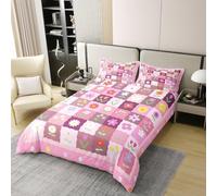 Manfei Boho Flower 100% Cotton Duvet Cover King Size,Daisy Floral Bedding Set 3Pcs for Girls Boys Youth Room Decor,Pink Plaid Patchwork Comforter Cover Watercolor Polka Dot Quilt Cover,2 Pillowcases