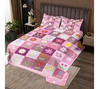 Manfei Boho Flower Bedspread King Size,Daisy Floral Bedding Quilt 3Pcs for Teens Women Adults Room Decor,Pink Plaid Patchwork Comforter Sets Watercolor Polka Dot Coverlet Sets,2 Pillowcases