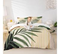 Manfei Boho Green Duvet Cover Set Double Size,Abstract Bohemian Mid Century Bedding Set 3pcs,Plant Botanical Palm Leaf Quilt Cover,Kids Boys Girls Room Decor,2 Pillowcases,No Comforter