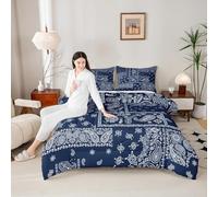 Manfei Boho Paisley Comforter Set Full Size, Jacquard Paisley Flower Bedding Set 3pcs, Navy Blue and White Floral Print Down Comforter, Teens Women Adults Room Decor, 2 Pillowcases, No Sheets
