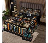 Manfei Bookshelf Bedspread Single Size,Magic Hippie Haloween Coverlet Set 2pcs,Gothic Skull Library Book Quilted Coverlet with 1 Pillowcase,Kids Boys Room Decor,Soft Bedding Quilt