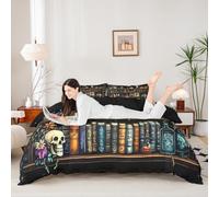 Manfei Bookshelf Duvet Cover Set King Size,Magic Hippie Haloween Bedding Set 3pcs,Gothic Skull Library Book Quilt Cover,Kids Boys Girls Room Decor,2 Pillowcases,No Comforter