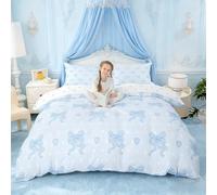Manfei Bowknot Heart Decorations,Romantic Sweet Princess Style Duvet Cover for All Season,Cute Blue White Polka Dot Bedroom Decor Comforter Cover(No Filler) Double Size,3 Pcs