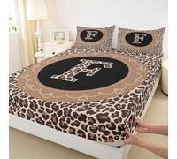 Manfei Brown Letter F Fitted Sheet Double Size,African Leopard Print Bedding Set 3pcs,Wild Cheetah Skin Print Bed Sheets with 2 Pillowcases,Kids Boys Girls Room Decor,Soft Bedding(No Flat)
