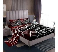 Manfei Burgundy and Black Sheet Set Twin Size, White Spider Web Print Bed Sheet Set 3pcs with Fitted Sheet + Flat Sheet + 1 Pillowcase, Halloween Spider Bedding Set for Kids Boys Girls Room Decor