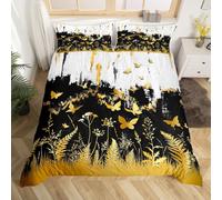 Manfei Butterfly Duvet Cover Set Double Size, Gold Leaves Flower Comforter Cover with 2 Pillowcases, Black and White Bedding Set 3pcs for Kids Boys Girls Adults Room Decor Lightweight Bedspread Cover