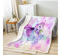 Manfei Butterfly Throw Blanket Purple Hearts Print Blanket for Couch Sofa, Watercolor Flower Butterflies Bed Blanket for Kids Girls Teens, Soft and Breathable Fleece Blanket(60 x 80 Inches)