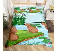 Manfei Capybara Duvet Cover Set Double Size, South America Animal Comforter Cover with 2 Pillowcases, Green Leaves Purple Lotus Flower Bedding Set 3pcs for Kids Boys Girls Lightweight Bedspread Cover