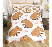 Manfei Capybara Duvet Cover Set Single Size, South America Fauna Comforter Cover with 1 Pillowcase, Pink Hearts Dots Print Bedding Set 2pcs for Kids Boys Girls Room Decor Lightweight Bedspread Cover