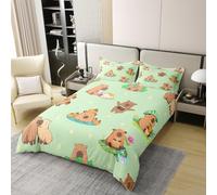 Manfei Capybara Girls Bedding Set Single Size 100% Cotton, Cartoon Cute Animal Capibara Duvet Cover Set， Quilt Cover,Brown Green,1 Pillowcase(No Comforter)