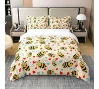 Manfei Cartoon Bees 100% Cotton Duvet Cover Set Super King Size,Red Hearts Bedding Set 3pcs,Rustic Farmhouse Quilt Cover,Kids Boys Girls Room Decor,2 Pillowcases,No Comforter