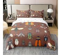 Manfei Cartoon Beetles 100% Cotton Duvet Cover Set Double Size,Nature Animals Coleoptera Bedding Set 3pcs,Country Rustic Style Quilt Cover,Kids Boys Girls Room Decor,2 Pillowcases,No Comforter