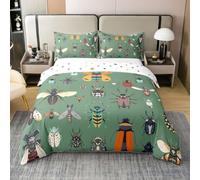 Manfei Cartoon Beetles 100% Cotton Duvet Cover Set Double Size,Nature Animals Coleoptera Bedding Set 3pcs,Country Rustic Style Quilt Cover,Kids Boys Girls Room Decor,2 Pillowcases,No Comforter