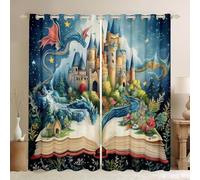 Manfei Cartoon Castle Blackout Curtain Magic Dragon Window Drapes, Western Animals Window Treatments, Kids Boys Girls Room Decor, Grommet Top 2 Panel Set Bedroom Curtains, 66Wx72L inch