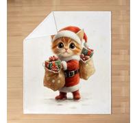 Manfei Cartoon Cat Kids Flannel Blanket,Merry Christmas Lovely Animal Bed Blanket,Gift Box Festival Xmas Magical Girls Boys Sofa Decor,White Red Yellow Fuzzy Blanket,Throw Size (50 x 60 Inches)