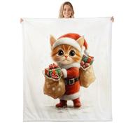 Manfei Cartoon Cat Kids Throw Blanket,Merry Christmas Lovely Animal Bed Blanket,Gift Box Festival Xmas Magical Girls Boys Sofa Decor,White Red Yellow Fuzzy Blanket,40 x 50 Inches