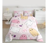 Manfei Cartoon Ghost Comforter Set Single Size,Happy Halloween Bedding Sets 2Pcs for Kids Girls Boys Women Room Decor,Pink Bow Print Quilted Duvet Kawaii Girly Down Comforter,1 Pillowcase