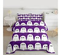 Manfei Cartoon Ghost Comforter Sets Double Size,Happy Halloween Bedding Set 3Pcs for Kids Girls Boys Women Room Decor,Black Purple Stripe Quilted Duvet Funny Kawaii Down Comforter,2 Pillowcases