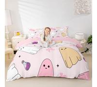 Manfei Cartoon Ghost Duvet Cover Set Super King Size,Happy Halloween Bedding Sets 3Pcs for Kids Girls Boys Adult Room Decor,Pink Bow Print Comforter Cover Kawaii Girly Quilt Cover,2 Pillowcases