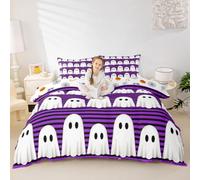 Manfei Cartoon Ghost Duvet Cover Sets Double Size,Happy Halloween Bedding Set 3Pcs for Kids Girls Boys Adult Room Decor,Black Purple Stripe Comforter Cover Funny Kawaii Quilt Cover,2 Pillowcases