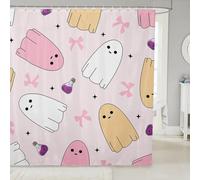 Manfei Cartoon Ghost Shower Curtain Set,Happy Halloween Bathroom Curtain with 12 Hooks,Kids Boys Teens Pink Bow Print Waterproof Fabrics Kawaii Girly Bathtub Decor,72" W x 78" L
