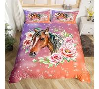 Manfei Cartoon Horse Duvet Cover Set Double Size, Pink Flower Comforter Cover with 2 Pillowcases, Galaxy Floral Horse Bedding Set 3pcs for Kids Boys Girls Bedroom Decor Animal Theme Bedspread Cover