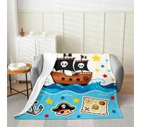Manfei Cartoon Pirate Ship Throw Blanket Throw 50x60 Cute Pirate Hat Skull Flag Flannel Blanket for Kids Boys Girls Teens Blue Sea Waves Colorful Stars Fleece Blanket for Party Bed