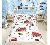 Manfei Cartoon Red Fire Engine Duvet Cover Set King Size,Fire Truck Bedding Set 3 pcs,Firefighting Truck Fireman Car Quilt Cover for Kids Boys Teens Room Decor,2 Pillowcases,No Comforter