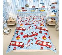 Manfei Cartoon Red Fire Truck Duvet Cover Set Double Size,Fire Engine Bedding Set 3 pcs,Firefighting Truck Fireman Car Quilt Cover for Kids Boys Teens Room Decor,2 Pillowcases,No Comforter