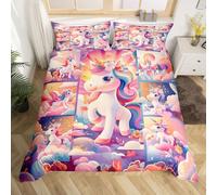 Manfei Cartoon Unicorns Bedding Set Kawaii Cute Comforter Cover Dreamy Clouds Patchwork Duvet Cover Boys Girls Room Decor Purple Pink Super King Bedding Collection 3Pcs,No Comforter