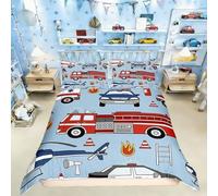 Manfei Cartoon Vehicles Duvet Cover Set Double Size,Red Fire Engine Bedding Set 3 pcs,Police Car Helicopter Ambulance Quilt Cover for Kids Boys Teens Room Decor,2 Pillowcases,No Comforter
