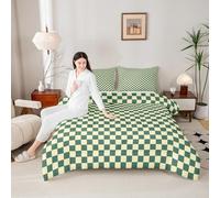 Manfei Checkered Plaids Comforter Set,Green and Yellow Checkerboard Simple Bedding Set for Teens Young Room,Geometric Buffalo Grids Squares Abstract Quilt Set 3 Pcs with 2 Pillowcases,Full