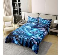 Manfei Chinese Dragon 100% Cotton Duvet Cover Set Double Size,Watercolor Pink Flower Tree Bedding Set 3pcs,Mythological Animal Quilt Cover,Kids Boys Girls Room Decor,2 Pillowcases,No Comforter